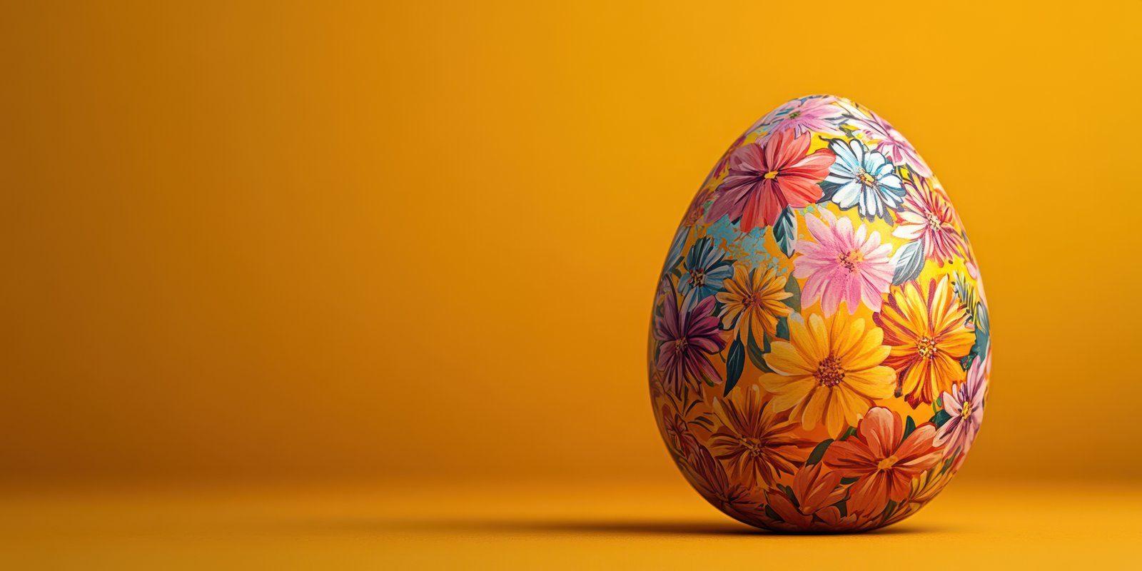 Colorful floral decorated egg stands on vibrant yellow background during spring celebration or Easter festivities